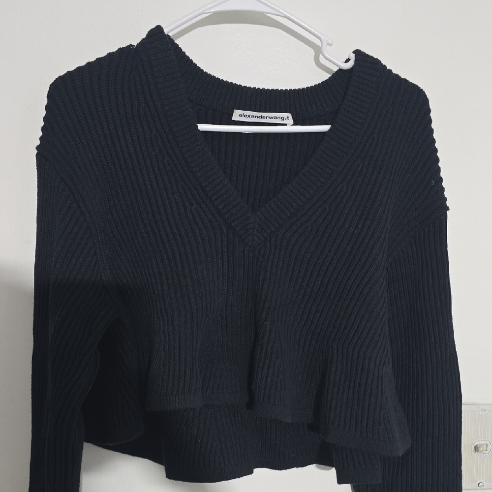 ALEXANDER WANG Cropped V Neck Ribbed Peplum Pullover Sweater in Black Size Small - Picture 3 of 9
